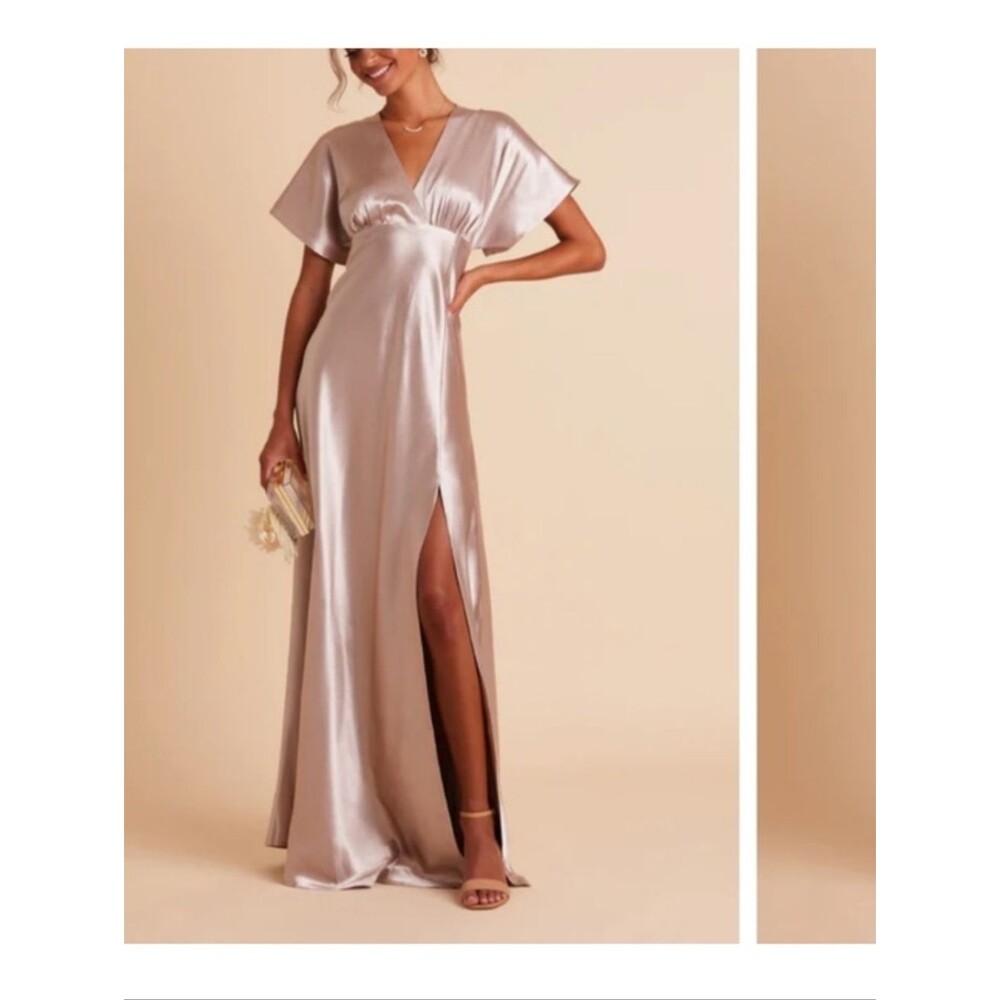 Birdy Grey Jesse Dress Taupe Kimono Satin Bridesmaid Maxi Slit Flattering Small